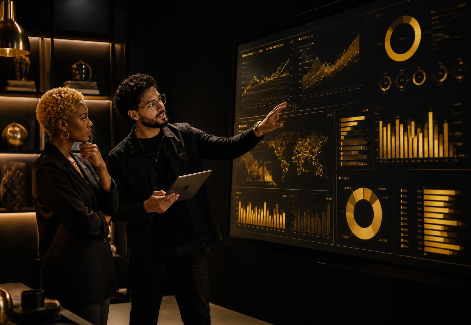 Two brand owners reviewing an audience intelligence dashboard in a dark studio